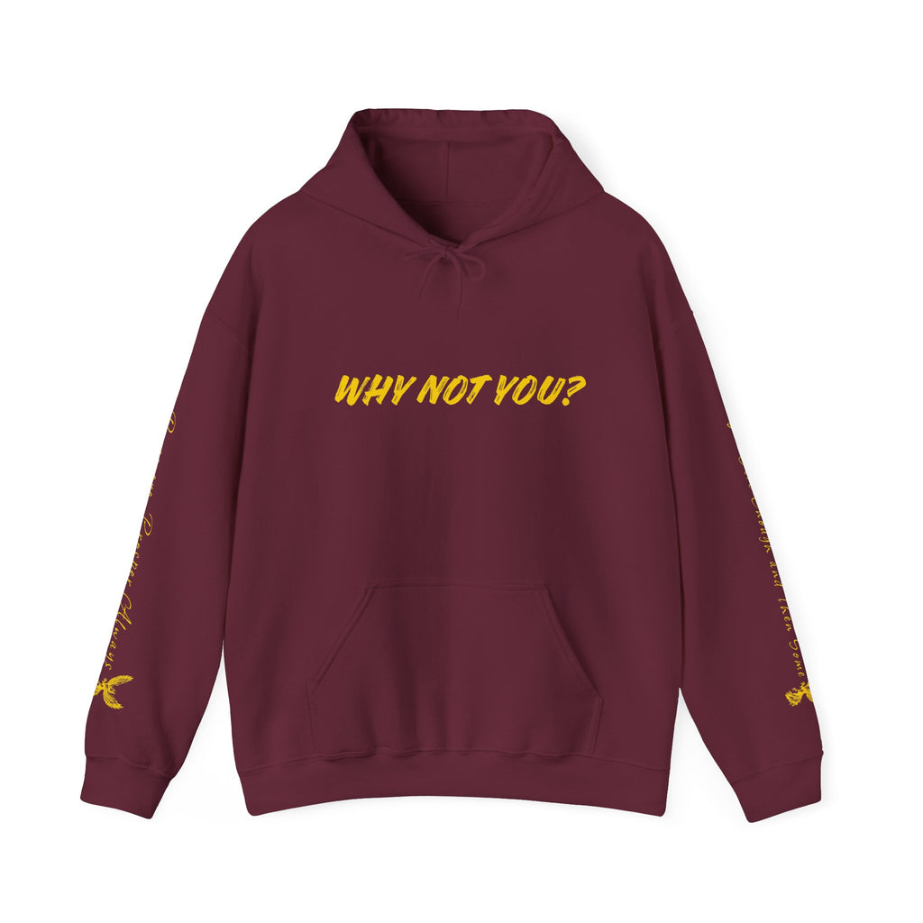 Why Not You? Hoodie — Inspirational Black Pullover with Teal Sleeve Script